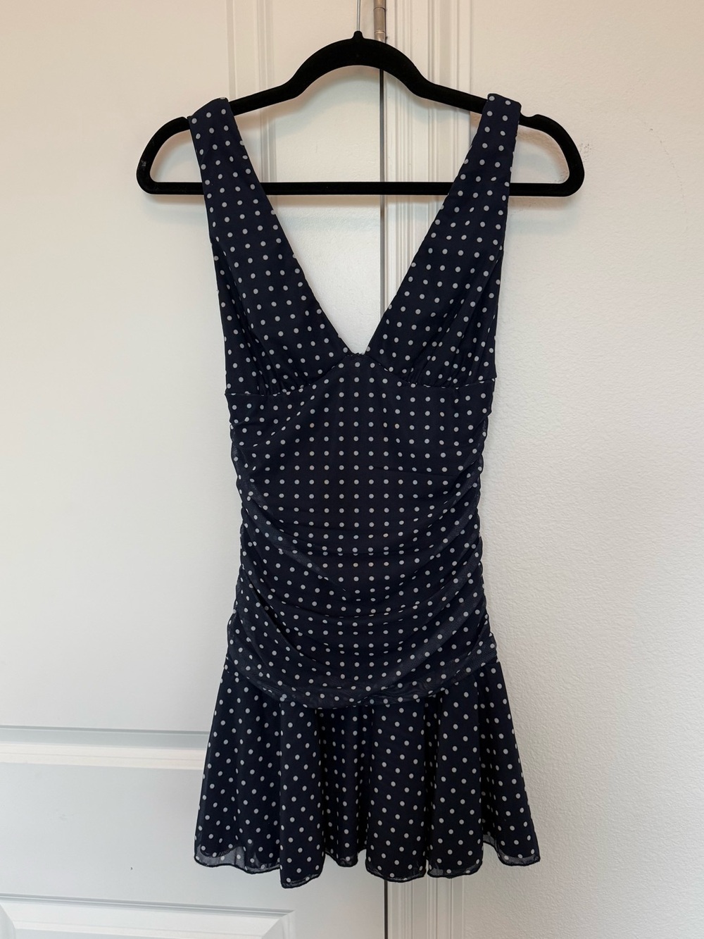 Cotton Candy Navy and White Polka Dot V-Neck Dress